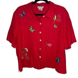 Vintage Ultra Dress Red Linen Blend Shirt Embroidered Butterflies Flowers Sz 16